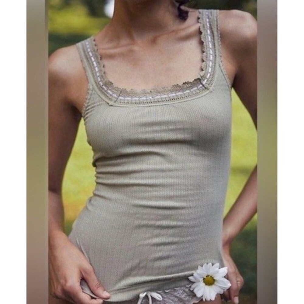 New Free People Intimately Only You Olive Green Ribbed Ribbon Lace Tank Cami Top